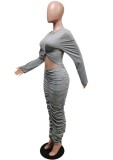 Grey Cut Out Ruched Twist Long Sleeves O-Neck Midi Bodycon Dress