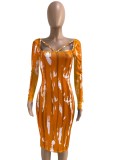 Print Orange Long Sleeve Midi Skinny Dress