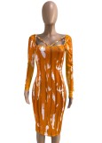 Print Orange Long Sleeve Midi Skinny Dress