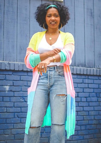 Rainbow Color Contrast Long Cardigans with Pockets