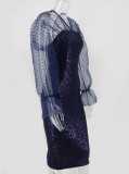 Blue Sequins Mesh V-Neck Split Long Sleeve Tight Dress