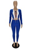 Blue Lace Up Long Sleeves O-Neck Crop Top and Pants Two Piece Set