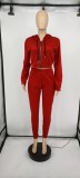 Red Zipper Open Long Sleeves Drawstring Hoody Crop Top and Pant Two Piece Set