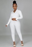 White Zipper Collar Long Sleeve Crop Top and Pants Two Piece Set