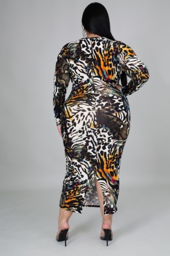 Plus Size Tie Dyed U-Neck Long Sleeves Fitted Long Dress