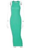 Green Kintted Sleeveless Fitted Long Dress