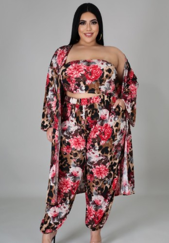 Plus Size Floral Bandeau Crop Top and Pants with Long Cardigan Three Piece Set
