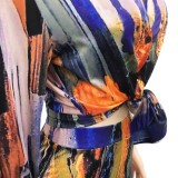 Print Button Up Tight Blouse and High Waist Pants Two Piece Set