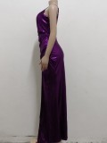Purple Shiny Ruched V-Neck Sleeveless Slit Long Evening Dress