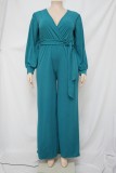 Plus Size Green Wrap Long Sleeves V-Neck Jumpsuit