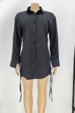 Black Lace Up Long Sleeve Button Up Blouse