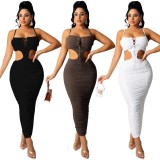 Brown Lace Up Keyhole Ruched Cami Midi Dress