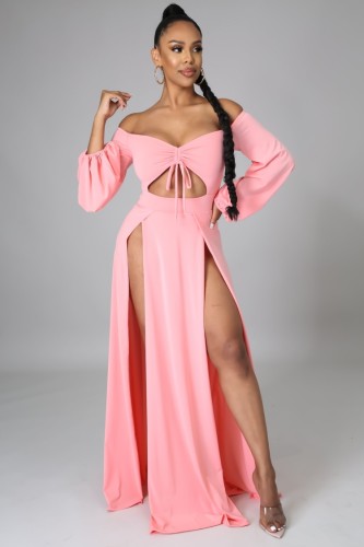 Pink Off Shoulder Keyhole High Slit Maxi Dress