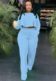 Blue Flounce Long Sleeves Crop Top and High Waist Pant Two Piece Set