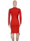 Red Long Sleeves O-Neck Drawstring Midi Dress