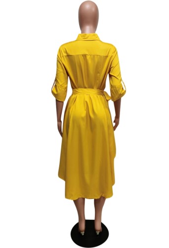 Yellow High Low Button Open Blouse Dress with Belt