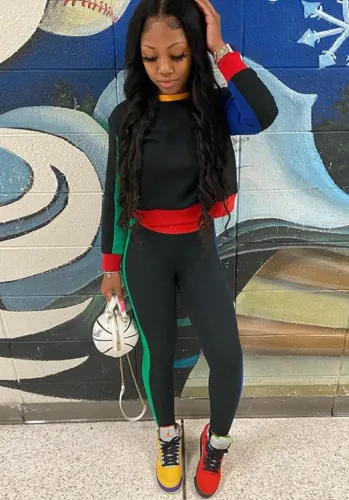 Color Block Black Slim Fit Shirt and Pants Two Piece Set