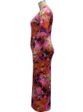 Plus Size Colorful Floral Print Round Neck Fitted Long Dress