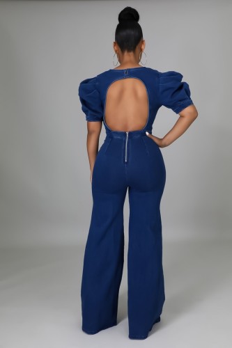 Dark Blue Backless O-Neck Puffed Short Sleeve Denim Jumpsuit