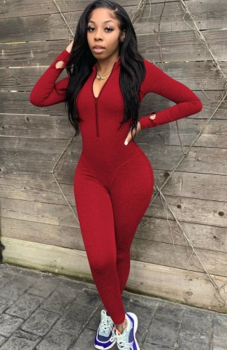 Red Zipped Up Long Sleeve with Half Gloves Bodycon Jumpsuit