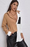 Color Contrast Turndown Collar Long Sleeve Blouse