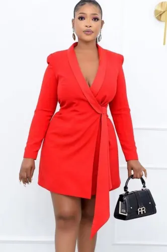 Red Long Sleeve V-Neck Tie Blazer Dress