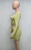 Green Cut Out Tie Long Sleeve Crop Top and Mini Drawstring dress Two Piece Set