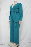 Plus Size Green Wrap Long Sleeves V-Neck Jumpsuit
