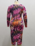 Plus Size Tie Dyed U-Neck Long Sleeves Fitted Long Dress
