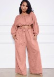 Pink Long Sleeves O-Neck Crop Top and Suspender Wide Pants Two Piece Set