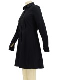Black Ruffles Botton Open Long Sleeve Turndown Collar Midi Blouse Dress