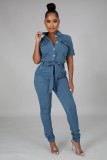 Blue Button Up Short Sleeve Denim Jumpsuit with Belt