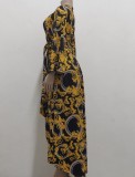 Retro Floral Black V-Neck Long Sleeve Irregular Long Dress