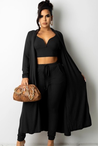 Black Knit Cami Crop Top and Drawstring Pants with Long Cardigans Three Piece Set