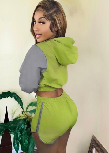 Green Contrast Long Sleeves Drawstring Hoody Top and Shorts Two Piece Set