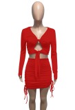 Red Cut Out Tie Long Sleeve Crop Top and Mini Drawstring dress Two Piece Set
