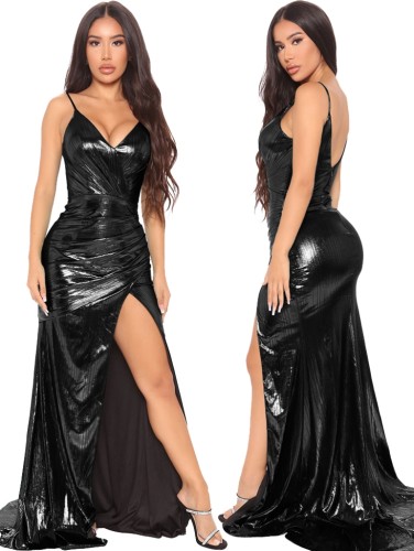 Black Shiny Ruched V-Neck Sleeveless Slit Long Evening Dress
