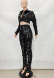 Black Leather Ruched Turndown Collar Crop Top and High Waist Pants Two Piece Set