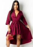 Burgunry High Low Button Open Blouse Dress with Belt