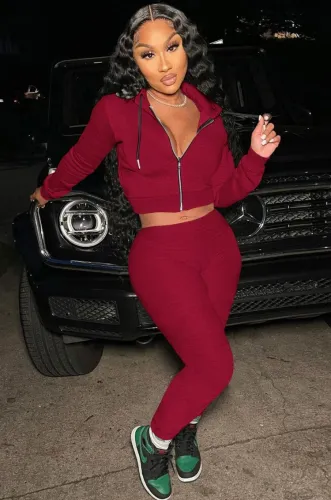Red Zipper Open Long Sleeves Drawstring Hoody Crop Top and Pant Two Piece Set
