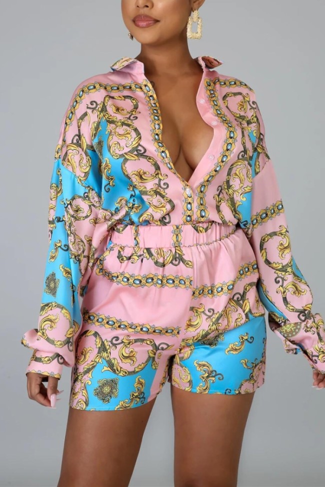 Retro Print Pink Button Up Long Sleeves Blouse and Shorts Two Piece Set