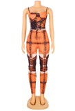 Print Orange Lace Up Cami Slim Fit Jumpsuit