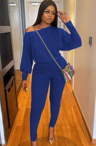 Blue Puff Sleeve O-Neck Top and Pants Two Piece Set
