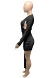 Black Sequin Cut out Long Sleeve Mini Dress