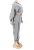 Grey Long Sleeves Tassel Hoody Crop Top and Pants Two Piece Set