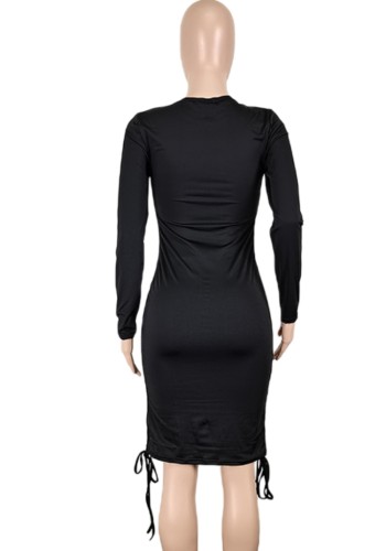 Black Long Sleeves O-Neck Drawstring Midi Dress