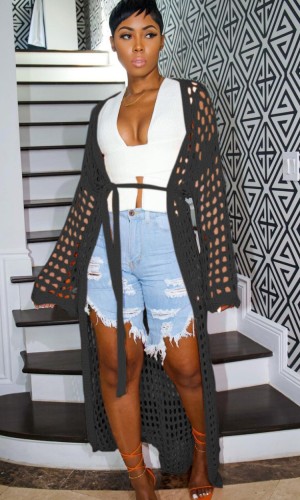 Black Crochet Hollow Out Long Sleeve Long Cardigans with Belt