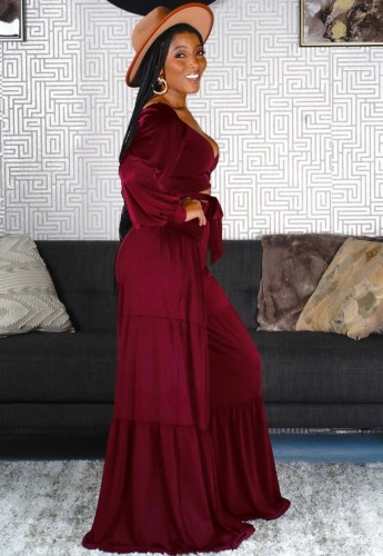 Red V-Neck Tie Long Puff Sleeve Crop Top and Wide Pant Two Piece Set