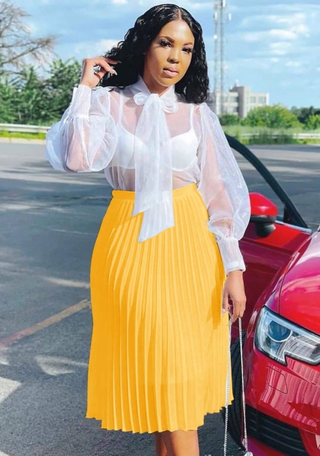 Trendy Yellow High Waist Midi Pleated Skirt