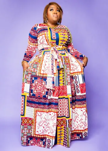 Plus Size Retro Print Long Sleeve O-Neck Loose Maxi Dress with Belt